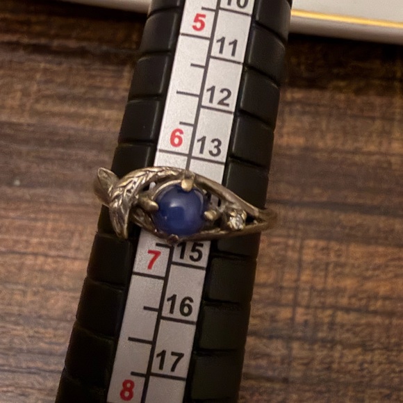 10kt solid white gold 4.6mm blue star sapphire natural diamond leaf ring sz 6.5 - Picture 3 of 13